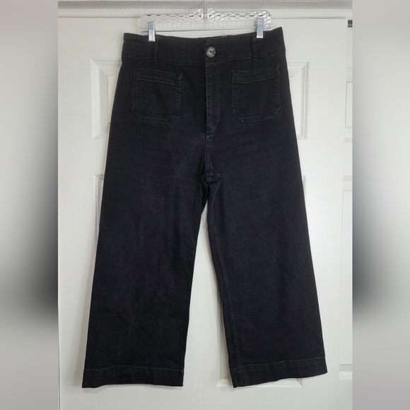 Anthro Maeve Colette Black Denim High-Rise Cropped Wide Leg Jeans - Size 33 - Picture 2 of 10